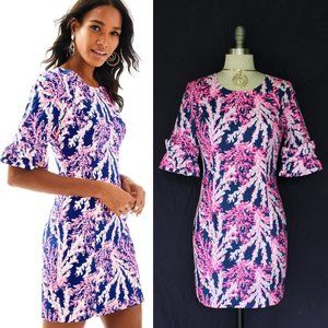Lilly Pulitzer Fiesta stretch dress Natuti navy beyond the sea mod ruffle Coral